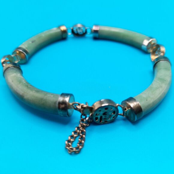 Vintage Asian Green Jade Gold Tone 7" Link Bracelet Safety Chain Push Lock Clasp - Picture 8 of 10